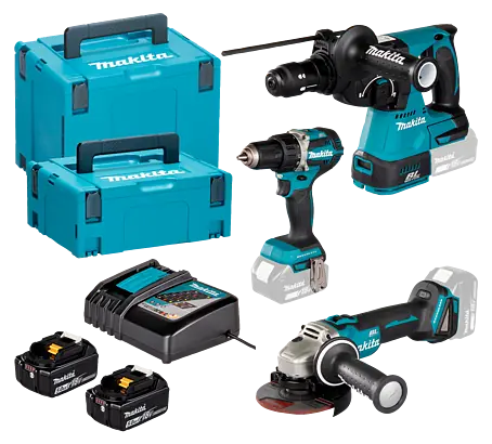 Ein Set von Makita Elektrowerkzeugen, inklusive Bohrmaschine, Winkelschleifer, Akkus, Ladegerät und praktischen Aufbewahrungskoffern.