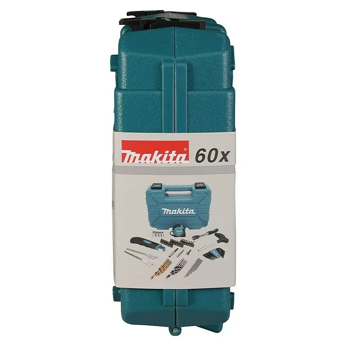 Makita Werkzeugkoffer E-15095 - L x B x H: 220 x 300 x 80 mm, 60 -tlg. - Das Makita 60X Werkzeugset in einem robusten, türkisfarbenen Koffer. Ideal für Heimwerker und Profis, bietet eine vielseitige Auswahl an Werkzeugen.