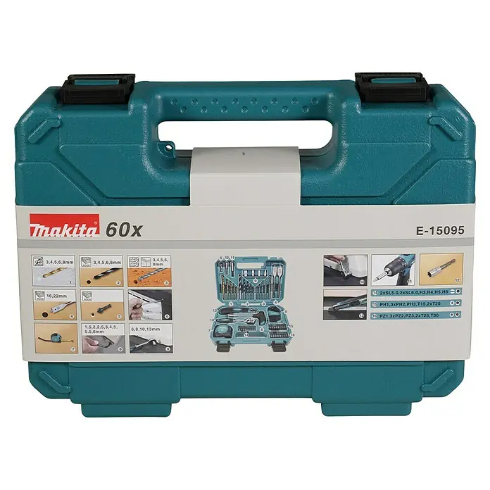 Makita Werkzeugkoffer E-15095 - L x B x H: 220 x 300 x 80 mm, 60 -tlg. - Hier ist ein blauer Makita 60x Werkzeugkoffer, der eine Vielzahl von Bohrern und Bits für verschiedene Projekte enthält.