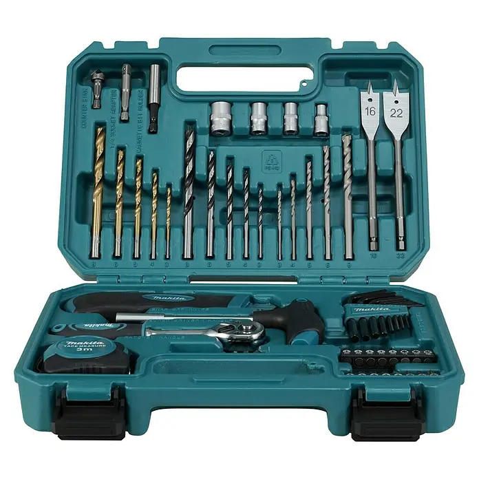 Makita Werkzeugkoffer E-15095 - L x B x H: 220 x 300 x 80 mm, 60 -tlg. - Ein umfassendes Makita Werkzeugset, ordentlich in einem türkisfarbenen Koffer verstaut, ideal für Heimwerker und Profis.