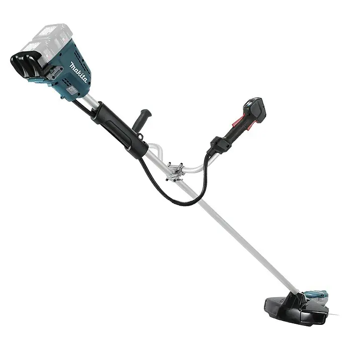 Makita LXT 18V Akku-Freischneider DUR368AZX3 - 18 V, Ohne Akku, Schnittbreite Faden: 25 cm, Schnittbreite Messer: 23 cm - Blauer und schwarzer Makita Akku-Rasentrimmer mit grauem Schaft und ergonomischem Griff.