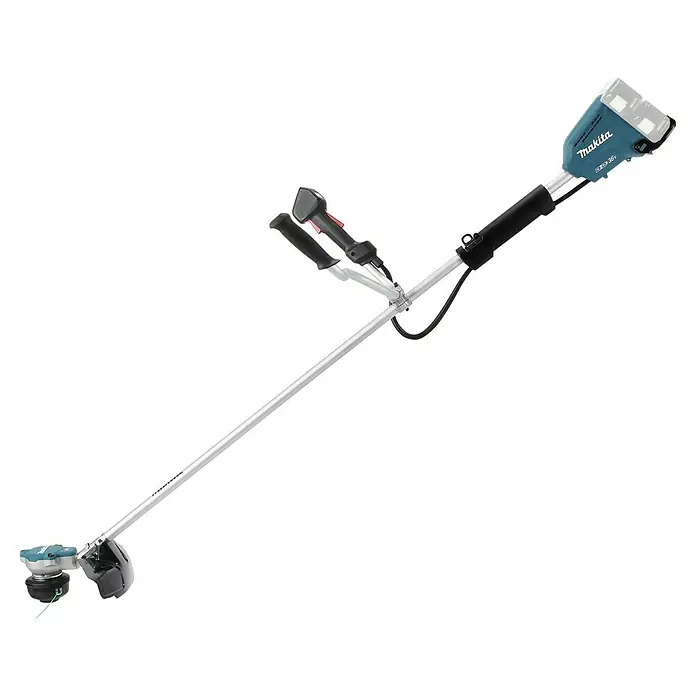 Makita LXT 18V Akku-Freischneider DUR368AZX3 - 18 V, Ohne Akku, Schnittbreite Faden: 25 cm, Schnittbreite Messer: 23 cm - Makita Akku-Rasentrimmer mit blau-schwarzem Gehäuse, silbernem Schaft und Schneidkopf.