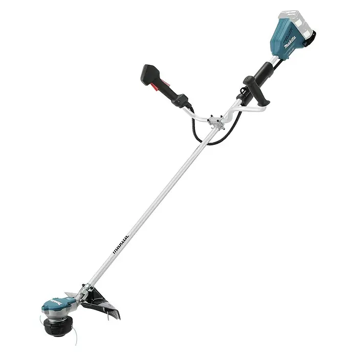 Makita LXT 18V Akku-Freischneider DUR368AZX3 - 18 V, Ohne Akku, Schnittbreite Faden: 25 cm, Schnittbreite Messer: 23 cm - Makita Akku-Motorsense mit grauem Schaft, schwarzen Griffen und blauem Akkugehäuse.