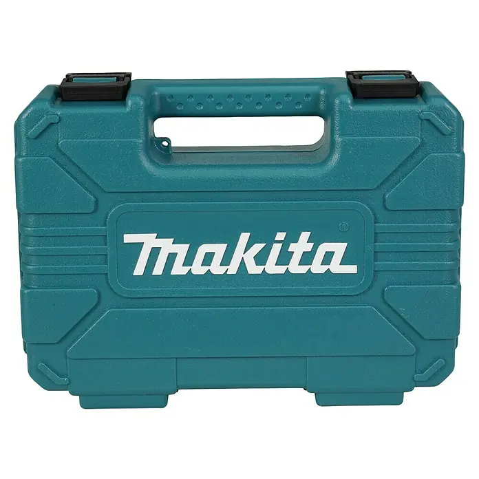 Makita Werkzeugkoffer E-15095 - L x B x H: 220 x 300 x 80 mm, 60 -tlg. - Ein türkisfarbener Werkzeugkoffer von Makita mit dem weißen Firmenlogo im Zentrum und schwarzen Verschlüssen.