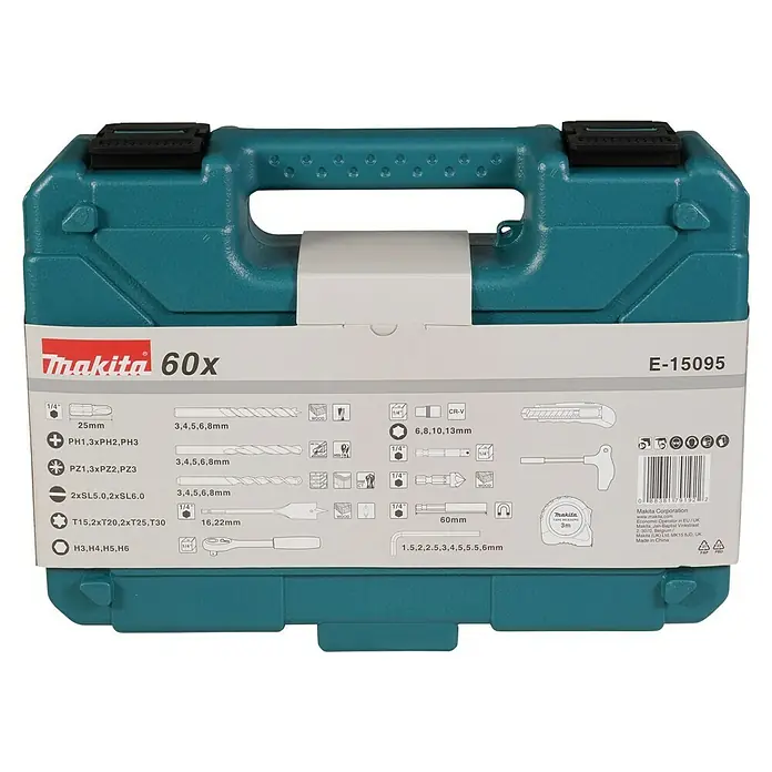 Makita Werkzeugkoffer E-15095 - L x B x H: 220 x 300 x 80 mm, 60 -tlg. - Makita 60x Werkzeugset mit verschiedenen Bits, Bohrern und Zubehör in einem robusten, türkisfarbenen Koffer für den professionellen Einsatz.