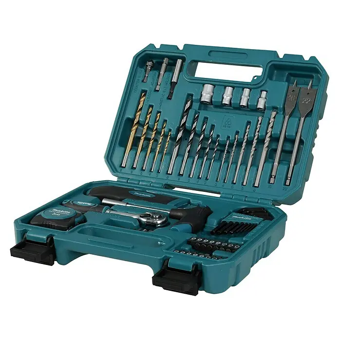 Makita Werkzeugkoffer E-15095 - L x B x H: 220 x 300 x 80 mm, 60 -tlg. - Makita Werkzeugkoffer mit Bohrern, Bits, Schraubenschlüssel, Zangen, Messband für Heimwerker und Profis. Ideal zum Schrauben, Bohren und Messen.