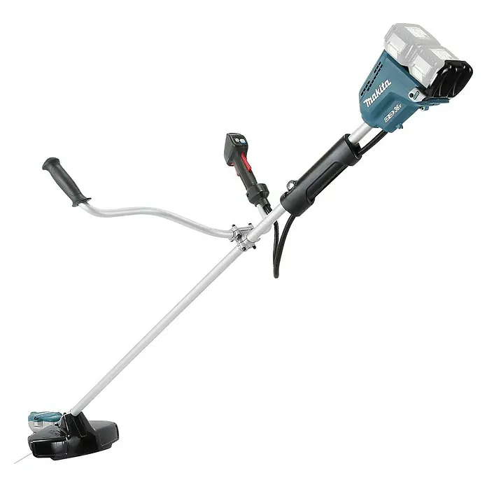 Makita LXT 18V Akku-Freischneider DUR368AZX3 - 18 V, Ohne Akku, Schnittbreite Faden: 25 cm, Schnittbreite Messer: 23 cm - Makita Akku-Rasentrimmer/Motorsense, blau-grau, schwarz und silberfarben mit zwei Akkus, schräg gestellt.
