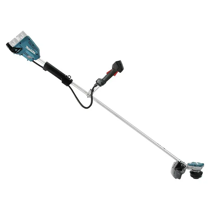 Makita LXT 18V Akku-Freischneider DUR368AZX3 - 18 V, Ohne Akku, Schnittbreite Faden: 25 cm, Schnittbreite Messer: 23 cm - Makita Akku-Rasentrimmer mit grau-blauem Motorgehäuse, silbernem Schaft und schwarzen Griffen sowie Trimmerkopf.