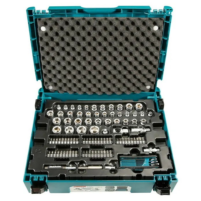 Makita Werkzeugkoffer E-08713 - 120 -tlg. - Ein offener Makita Werkzeugkoffer mit verschiedenen Steckschlüsseln, Bits und Zubehör, ideal für Handwerker und Heimwerker.