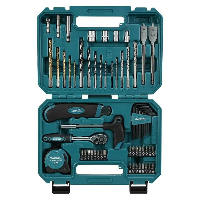 Makita Werkzeugkoffer E-15095 - L x B x H: 220 x 300 x 80 mm, 60 -tlg. - Makita Werkzeugkoffer mit Bohrern, Bits, Schraubenschlüssel, Messer, Maßband und Ratschenschlüssel für Heimwerker und Profis.