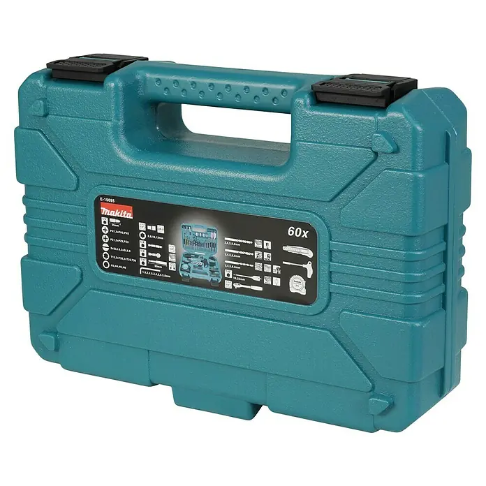 Makita Werkzeugkoffer E-15095 - L x B x H: 220 x 300 x 80 mm, 60 -tlg. - Makita Werkzeugkoffer mit schwarzem Griff und Verschluss, ideal für die Aufbewahrung und den Transport von Werkzeugen.