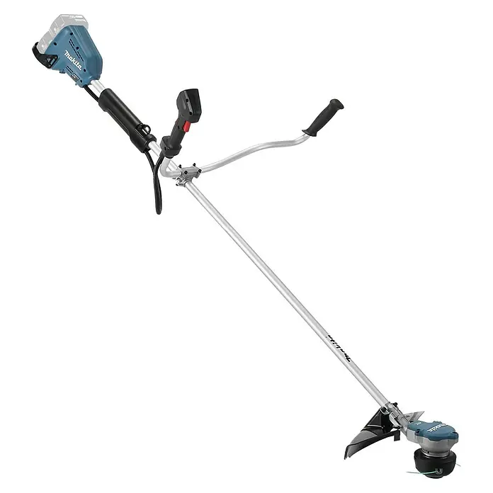 Makita LXT 18V Akku-Freischneider DUR368AZX3 - 18 V, Ohne Akku, Schnittbreite Faden: 25 cm, Schnittbreite Messer: 23 cm - Makita Akku-Rasentrimmer mit blau-grauem Motorgehäuse, schwarzen Griffen und silbernem Schaft.