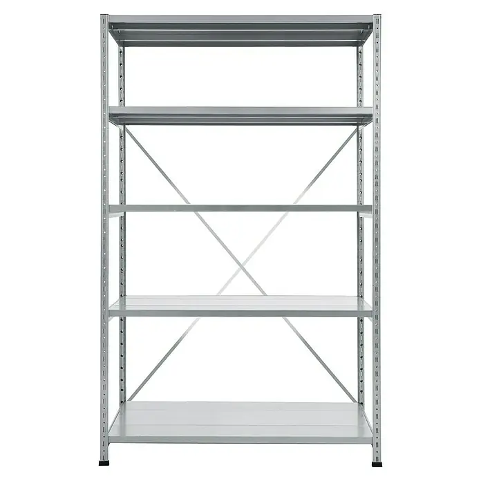 Scholz Metallregal SE - Höhe: 192 cm, B x T: 105 x 50 cm, Traglast pro Boden: 170 kg, Anzahl Böden: 5 Stk., Stecken, Silber - Metallregal mit fünf Ablagen und kreuzförmigen Verstrebungen im Rücken für zusätzliche Stabilität. Ideal für Lagerung und Organisation.