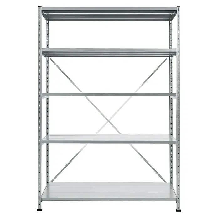 Scholz Metallregal Grundelement - Höhe: 192 cm, B x T: 125 x 40 cm, Traglast pro Boden: 120 kg, Anzahl Böden: 5 Stk., Stecken, Silber - Abbildung eines grauen Metallregals mit fünf Ebenen. Das Regal ist stabil und bietet viel Stauraum. Es ist ideal für Keller, Garage oder Lager.