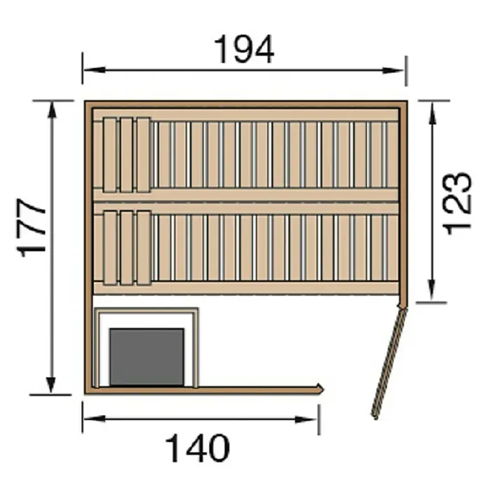 Weka Elementsauna Kiruna 2 GT - Bioofen, Steuerung Ofen: Extern, L x B x H: 177 x 194 x 199 cm - Grundriss einer Sauna mit Bänken und Ofen, inklusive Maßangaben für die Planung und den Einbau. Ideal für Wellness-Bereiche.