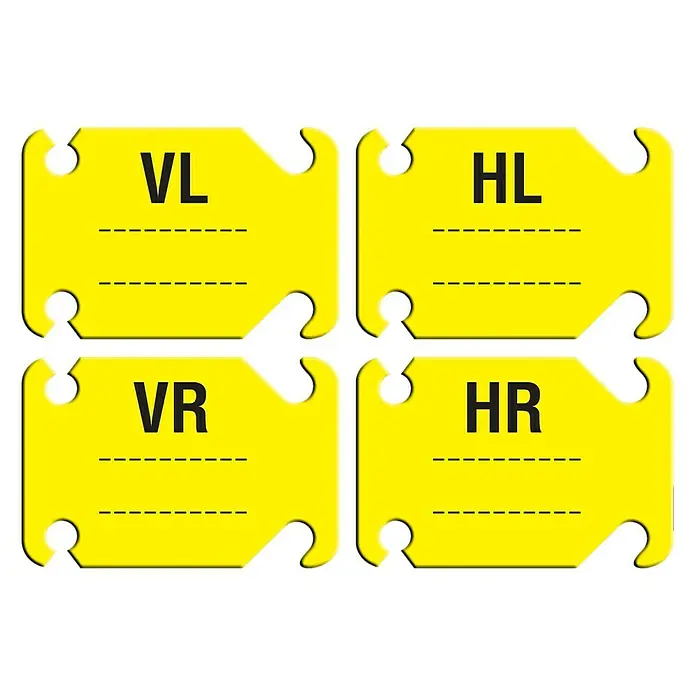 Scholz Markierungsschilder-Set Rad-Mark ZIB - 4 Stk. - Gelbe Anhänger mit den Aufschriften VL, HL, VR und HR, jeweils mit gestrichelten Linien für Beschriftungen. Ideal zum Kennzeichnen und Organisieren.