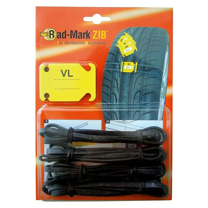 Scholz Markierungsschilder-Set Rad-Mark ZIB - 4 Stk. - Rad-Mark ZIB zur individuellen Beschriftung von Autoreifen. Das Set beinhaltet gelbe Markierungen und schwarze Gummibänder für eine einfache Kennzeichnung.