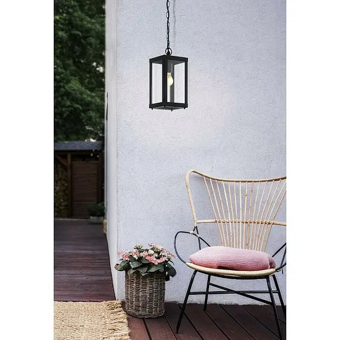 Eglo Lámpara colgante exterior Alamonte - 60 W, L x An x Al: 15 x 15 x 128,5 cm, Negro, E27 - Farol negro de exterior con vidrio claro y bombilla cálida, que proporciona una luz acogedora y crea un ambiente agradable.