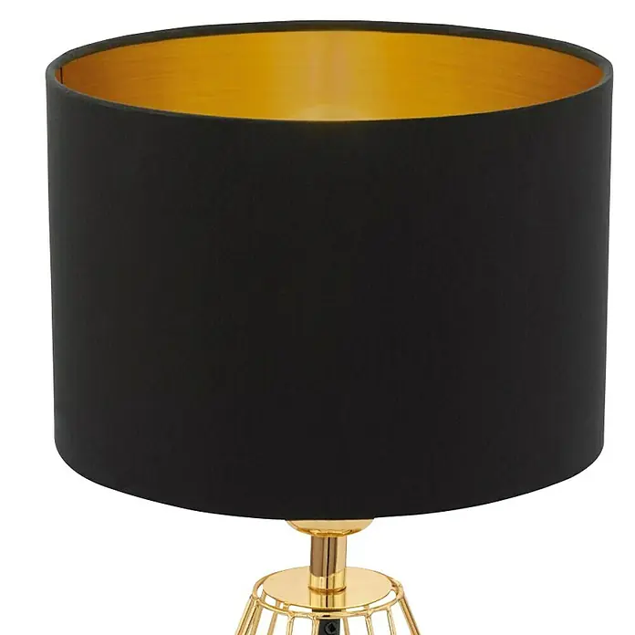 Eglo Lámpara de sobremesa Carlton 2 - 60 W, L x An x Al: 16,5 x 16,5 x 30,5 cm, Oro, E14 - Pantalla de lámpara de tela negra con interior dorado, sobre una base dorada.