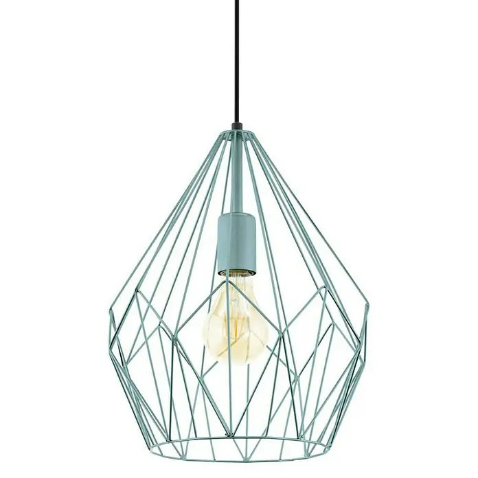 Eglo Lámpara colgante redonda Carlton - Altura: 110 cm, Menta - La imagen muestra una lámpara colgante azul claro con estructura de alambre geométrico y bombilla. El diseño moderno es llamativo.
