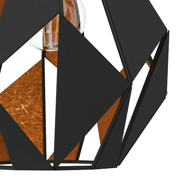 Eglo Carlton 1 Aplique de pared - 60 W, L x An x Al: 20,5 x 22 x 33 cm, Marrón antiguo, E27 - Primer plano de una lámpara colgante geométrica en negro y cobre con una bombilla.