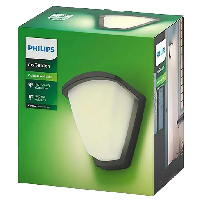 Philips Aplique exterior KisKadee - 42 W, 197 x 140 x 212 mm, Antracita/Blanco, IP44 - Embalaje de un aplique de pared para exteriores Philips myGarden. La luz es de aluminio de alta calidad y la bombilla no está incluida.