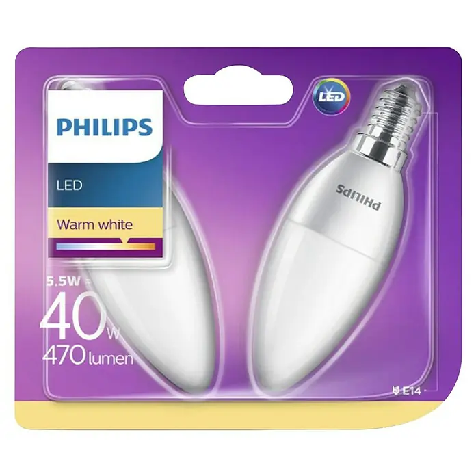 Philips Bombilla LED - Blanco diurno, 470 lm, 5,5 W - Dos bombillas LED Philips blanco cálido E14, 5,5W (equiv. 40W) 470 lúmenes, en envase blíster.