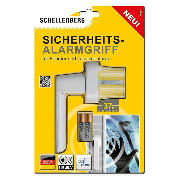 Schellenberg Manilla de ventana con alarma - Blanco, 115 dB - Imagen de una manija de alarma de seguridad Schellenberg para ventanas y puertas de patio, con baterías y accesorios.