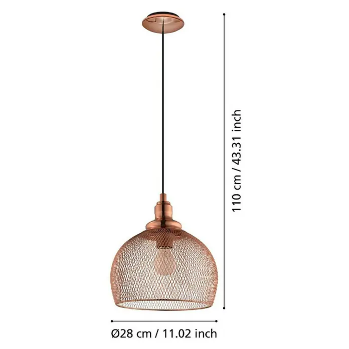 Eglo Lámpara colgante redonda Straiton - Ø x Al: 280 mm x 110 cm - Elegante lámpara colgante con pantalla de alambre con aspecto de cobre. La lámpara tiene una altura de 110 cm y un diámetro de 28 cm.
