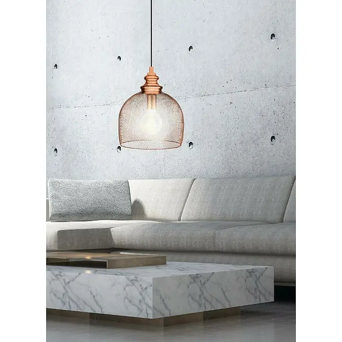 Eglo Lámpara colgante redonda Straiton - Ø x Al: 280 mm x 110 cm - Esta imagen muestra una elegante lámpara colgante con una delicada pantalla de alambre metálico, iluminando un espacio moderno.