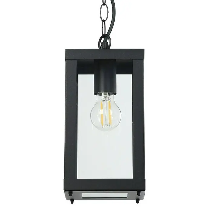 Eglo Lámpara colgante exterior Alamonte - 60 W, L x An x Al: 15 x 15 x 128,5 cm, Negro, E27 - Una lámpara colgante de linterna negra moderna con paneles de vidrio transparente, que exhibe una bombilla estilo Edison con elegancia.