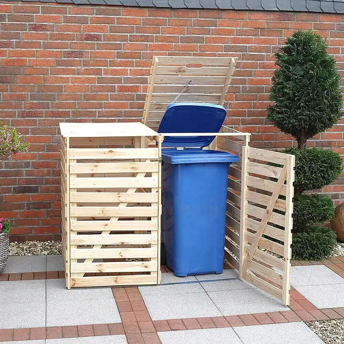Promadino Mülltonnenbox Vario V -  - Bild eines doppelten Mülltonnenbox aus Holz mit einer blauen Mülltonne. Die Box bietet eine stilvolle Aufbewahrung für Abfallbehälter im Außenbereich.