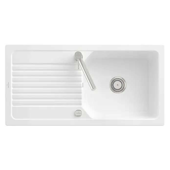 Villeroy & Boch Einbauspüle Linara - 80 x 51 cm, Keramik, Weiß - Weiße Küchenspüle mit gerippter Abtropffläche, integriertem Silberhahn und Abfluss.