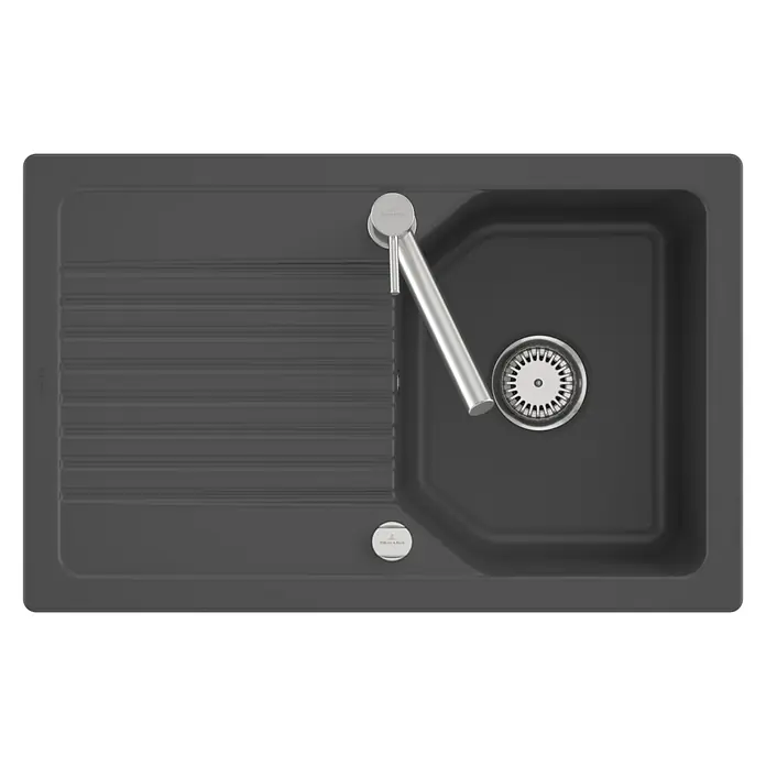 Villeroy & Boch Einbauspüle Linara - 80 x 51 cm, Keramik, Graphite - Dunkelgraue Küchenspüle mit Einzelbecken, Rillenabtropffläche und integrierter Edelstahlarmatur.