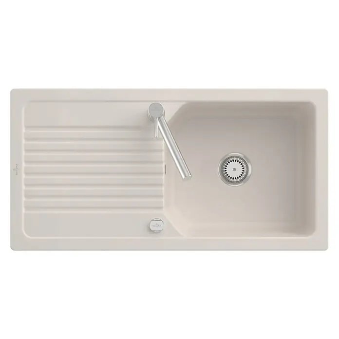 Villeroy & Boch Einbauspüle Linara - 100 x 51 cm, Keramik, Crema - Beige Spüle mit einem Becken, Rillen-Abtropffläche, integriertem Chromhahn und rundem Bedienknopf.