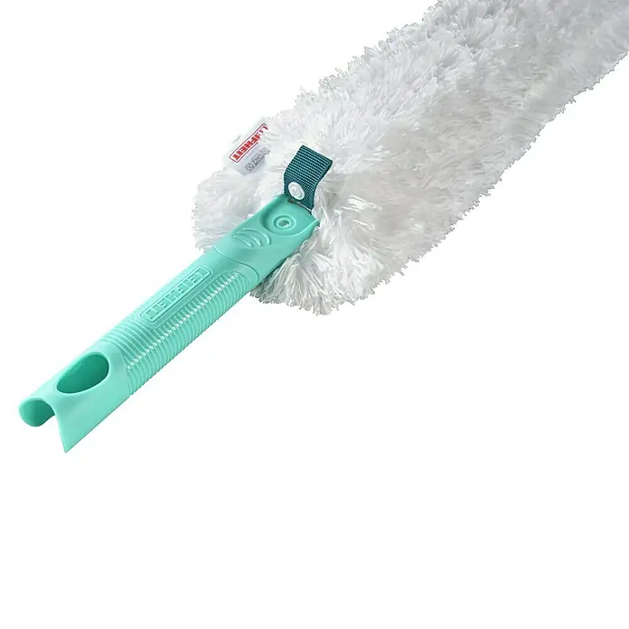 Leifheit Staubwedel Superduster XL - Mikrofaser - Weißer flauschiger Staubwedel mit türkisfarbenem ergonomischem Griff.