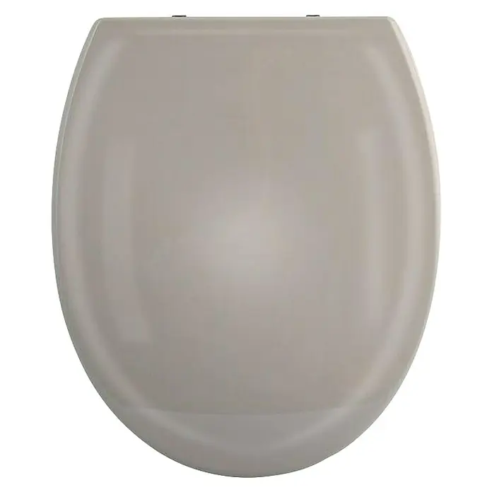 Spirella Tapa de WC Harry - Plástico, Topo, Con caída amortiguada - Vista detallada de un asiento de inodoro color crema con herrajes cromados, que ofrece un diseño moderno y confort en el baño.