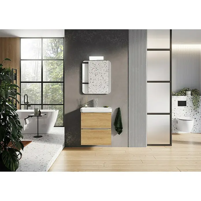 Riva Beauty 2.0 Waschtischunterschrank - B x T x H: 58,5 x 43,7 x 63,5 cm, Natural Hickory - Modernes Badezimmer mit Waschtischunterschrank in Holzoptik und stilvollem Spiegel.