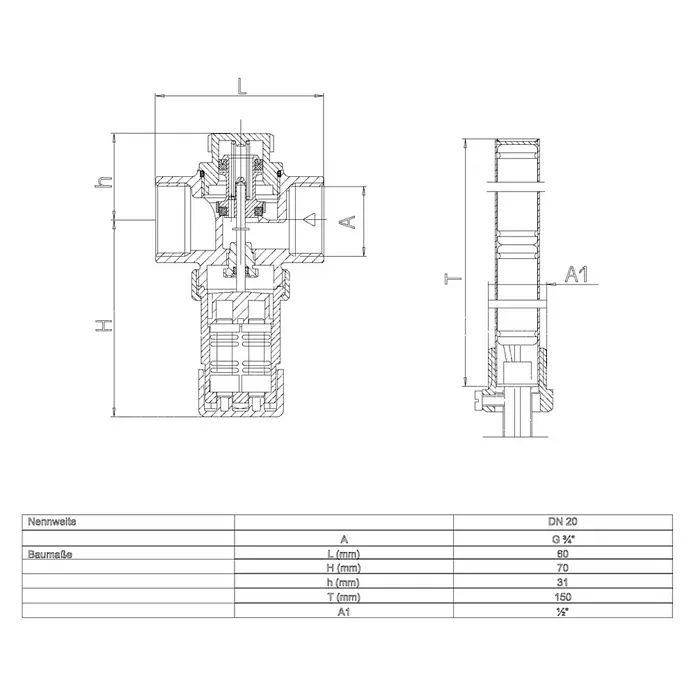 Thermische Ablaufsicherung Syr - Gewinde: ¾″, Max. Betriebstemperatur: 150 °C - Technische Zeichnung eines Ventils mit Schnittansichten und einer Tabelle der Abmessungen (DN 20, G ¾").
