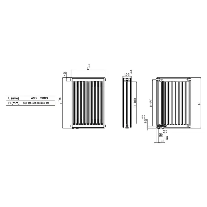Flachheizkörper - B x H: 400 x 300 mm, Wärmeleistung bei Vorlauftemperatur von 75 °C (D: 50): 378 W, Typ Heizkörper: 22 - Technische Zeichnung eines Plattenheizkörpers mit Maßen für verschiedene Längen (400-3000 mm) und Höhen (300, 400, 500, 600, 700, 900 mm).