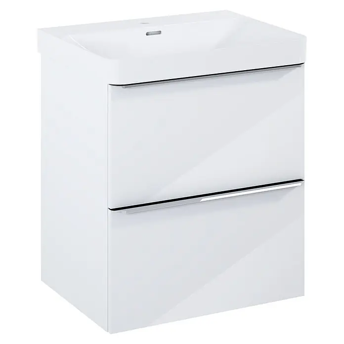 Riva Beauty 2.0 Waschtischunterschrank - B x T x H: 58,5 x 43,7 x 63,5 cm, Weiß Hochglanz - Weißer Waschtischunterschrank mit zwei Schubladen und eingelassenem Waschbecken für ein modernes Badezimmerdesign.