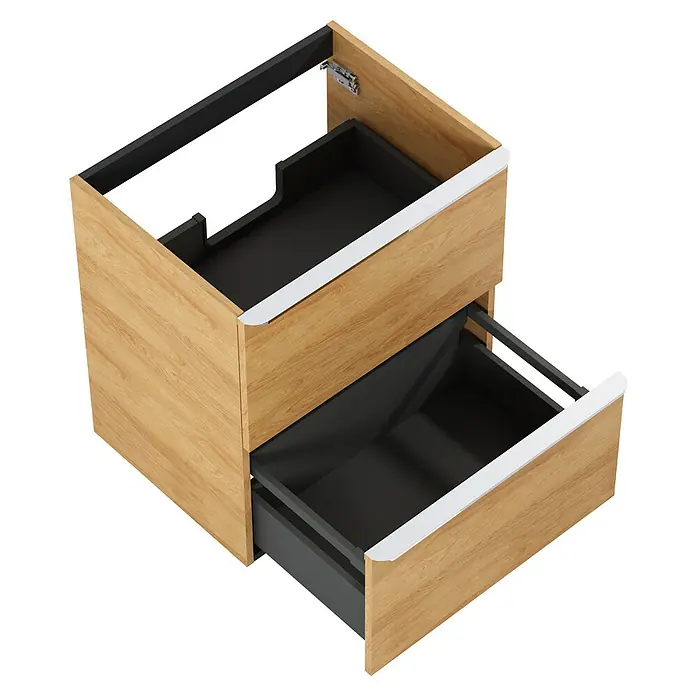 Riva Beauty 2.0 Waschtischunterschrank - B x T x H: 58,5 x 43,7 x 63,5 cm, Natural Hickory - Produktansicht eines Waschtischunterschranks mit zwei Schubladen in Holzoptik und weißen Griffen.