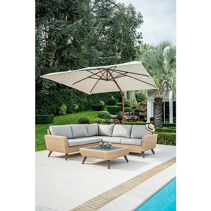 Conjunto de muebles Royal sofá esquinero + mesa - 2 pzs., Ratán sintético/Aluminio, Beige - Lujoso conjunto de muebles de jardín con sofá de ratán, mesa y sombrilla para horas de relax al aire libre. Diseño elegante.
