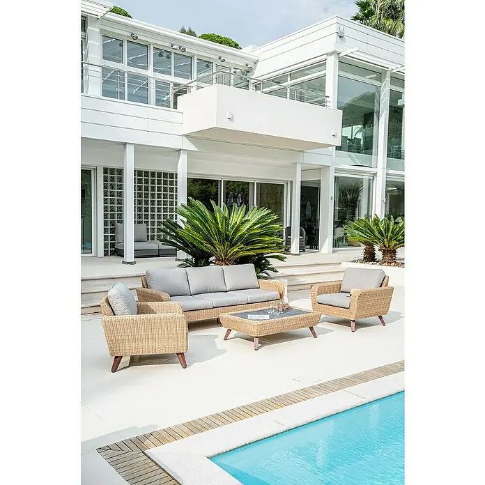 Conjunto de muebles Royal sofá + sillones + mesa - 4 pzs., Ratán sintético/Aluminio, Beige - Conjunto de ratán acogedor con sofá, sillones y mesa para una relajación elegante al aire libre. El conjunto perfecto de muebles de salón.