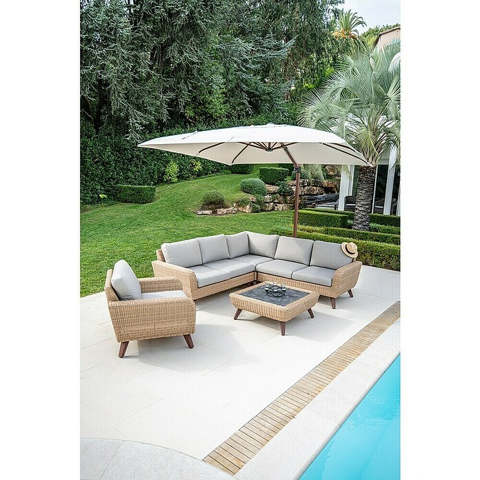 Conjunto de muebles Royal sofá esquinero + sillón + mesa (3 pzs., Ratán sintético/Aluminio, Beige) | BAUHAUS