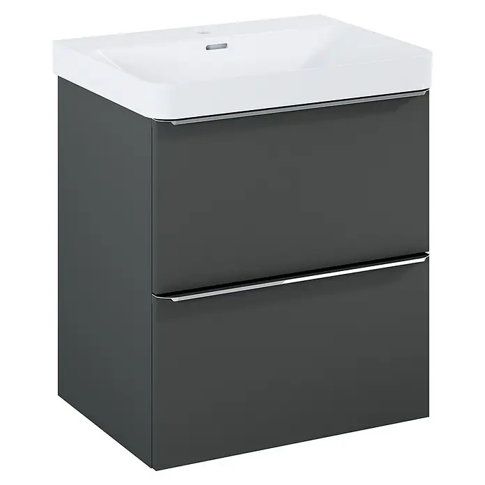 Riva Beauty 2.0 Waschtischunterschrank - B x T x H: 58,5 x 43,7 x 63,5 cm, Anthrazit - Grauer Badunterschrank mit Waschbecken. Der moderne Waschtischunterschrank hat zwei Schubladen mit Chromgriffen und ein weißes Aufsatzwaschbecken.
