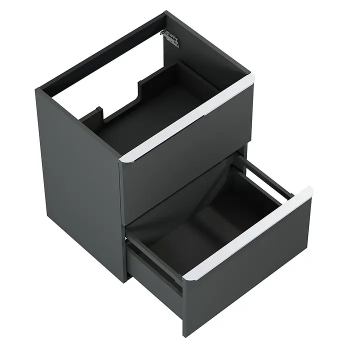 Riva Beauty 2.0 Waschtischunterschrank - B x T x H: 58,5 x 43,7 x 63,5 cm, Anthrazit - Ein grauer Waschtischunterschrank mit zwei Schubladen und silbernen Griffen für ein modernes Badezimmerdesign.