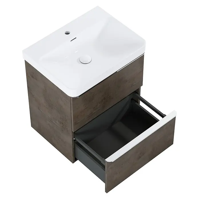 Riva Beauty 2.0 Waschtischunterschrank - B x T x H: 58,5 x 43,7 x 63,5 cm, Chromix Dark - Ein moderner Waschtisch mit offenem Schubladenfront in Holzoptik und einer weißen Waschbecken-Oberfläche.