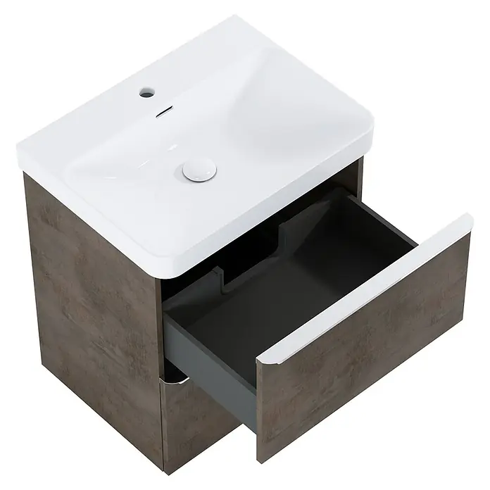 Riva Beauty 2.0 Waschtischunterschrank - B x T x H: 58,5 x 43,7 x 63,5 cm, Chromix Dark - Moderner Waschtischunterschrank mit offenem Auszug und weißem Aufsatzwaschbecken für stilvolle Badezimmer.
