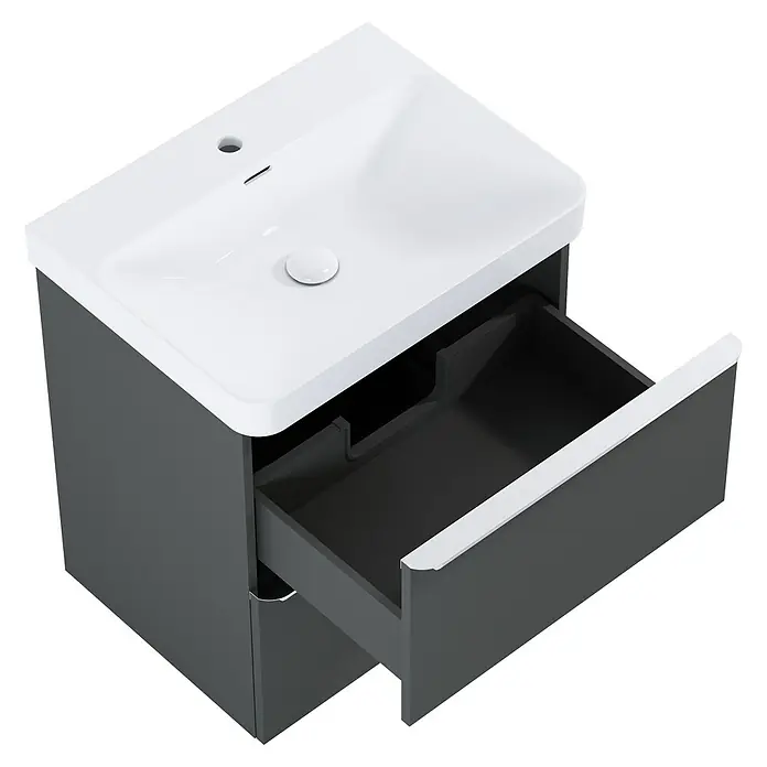 Riva Beauty 2.0 Waschtischunterschrank - B x T x H: 58,5 x 43,7 x 63,5 cm, Anthrazit - Ansicht eines modernen Badezimmerschranks mit Waschbecken und offenem Schublade, ideal für stilvolle Badezimmergestaltung.